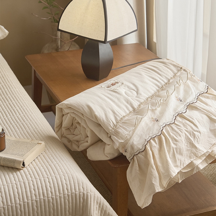 91家纺网 家纺一手货源 找家纺 红夫人 2026春夏新款床盖款多功能夏被床盖天竹棉麻系列四件套-浅茉 浅茉白