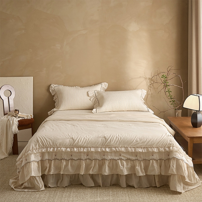 91家纺网 家纺一手货源 找家纺 红夫人 2026春夏新款床盖款多功能夏被床盖天竹棉麻系列四件套-浅茉 浅茉白