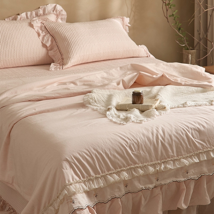 91家纺网 家纺一手货源 找家纺 红夫人 2026春夏新款床盖款多功能夏被床盖天竹棉麻系列四件套-浅茉 浅茉粉