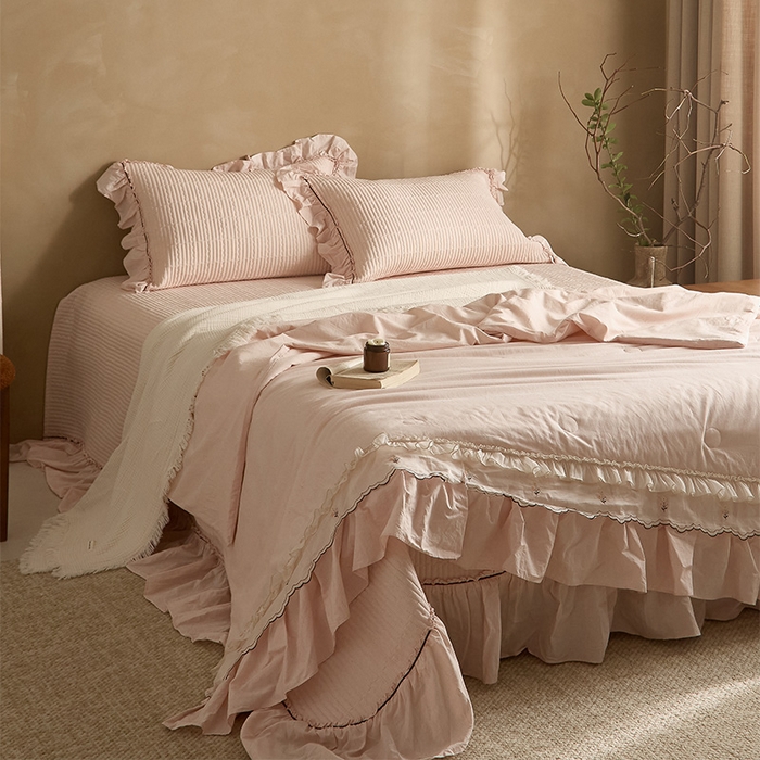 91家纺网 家纺一手货源 找家纺 红夫人 2026春夏新款床盖款多功能夏被床盖天竹棉麻系列四件套-浅茉 浅茉粉