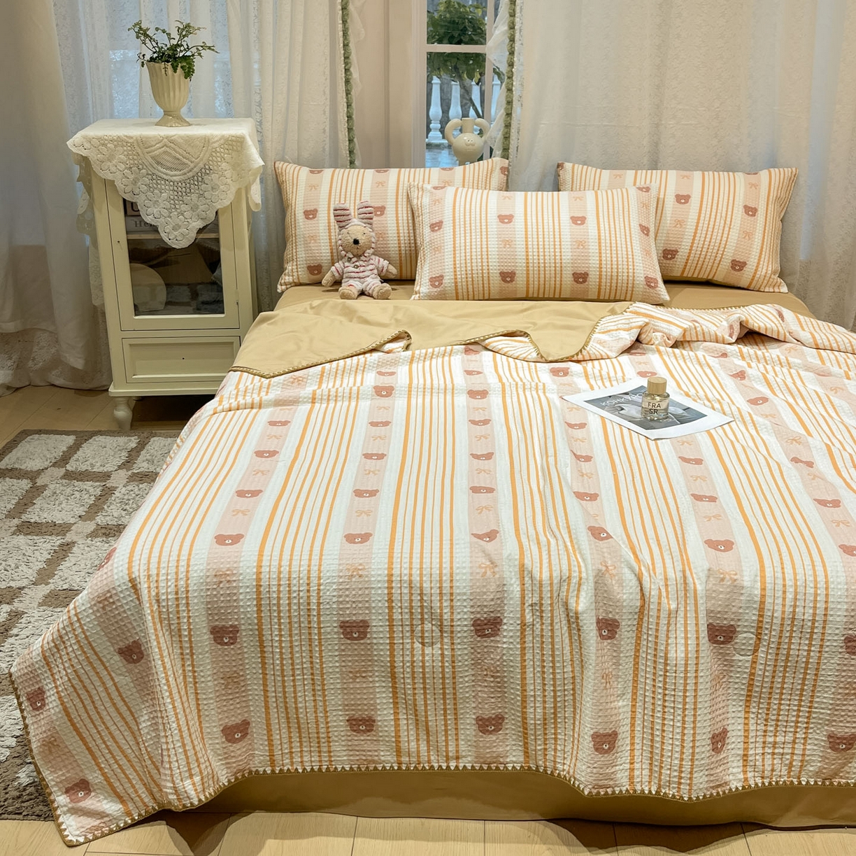 91家纺网 家纺一手货源 找家纺 一加一 2026春夏新款全棉立体华夫格数码印花大豆夏被四件套 比尔熊