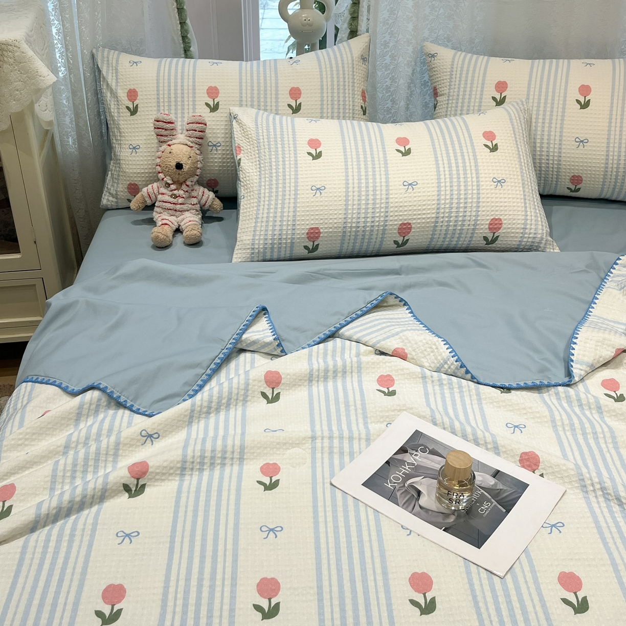 91家纺网 家纺一手货源 找家纺 一加一 2026春夏新款全棉立体华夫格数码印花大豆夏被四件套 彩虹花园