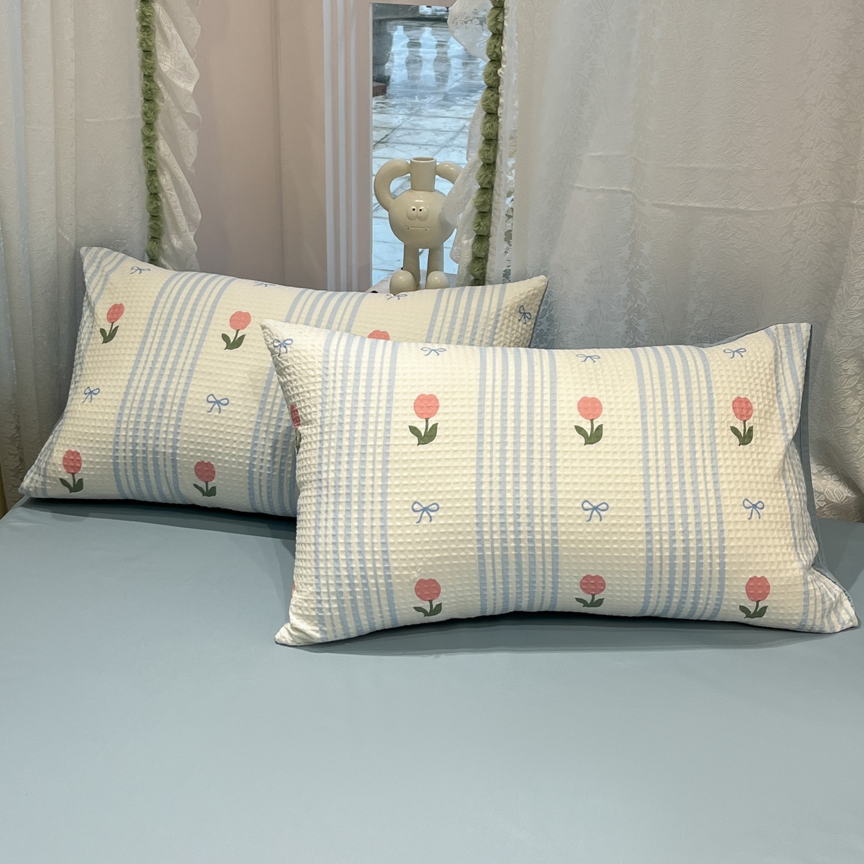 91家纺网 家纺一手货源 找家纺 一加一 2026春夏新款全棉立体华夫格数码印花大豆夏被四件套 彩虹花园