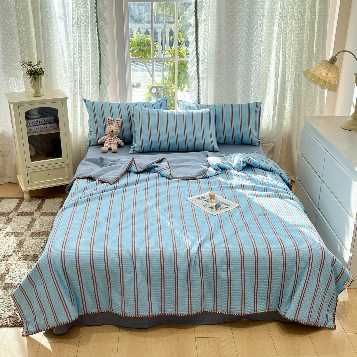 91家纺网 家纺一手货源 找家纺 一加一 2026春夏新款全棉立体华夫格数码印花大豆夏被四件套 风月蓝