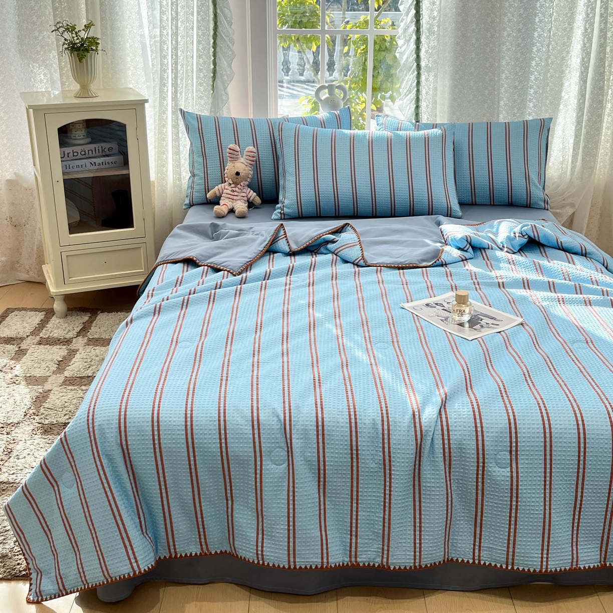 91家纺网 家纺一手货源 找家纺 一加一 2026春夏新款全棉立体华夫格数码印花大豆夏被四件套 风月蓝