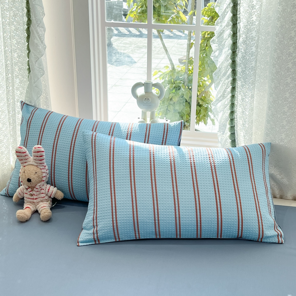 91家纺网 家纺一手货源 找家纺 一加一 2026春夏新款全棉立体华夫格数码印花大豆夏被四件套 风月蓝