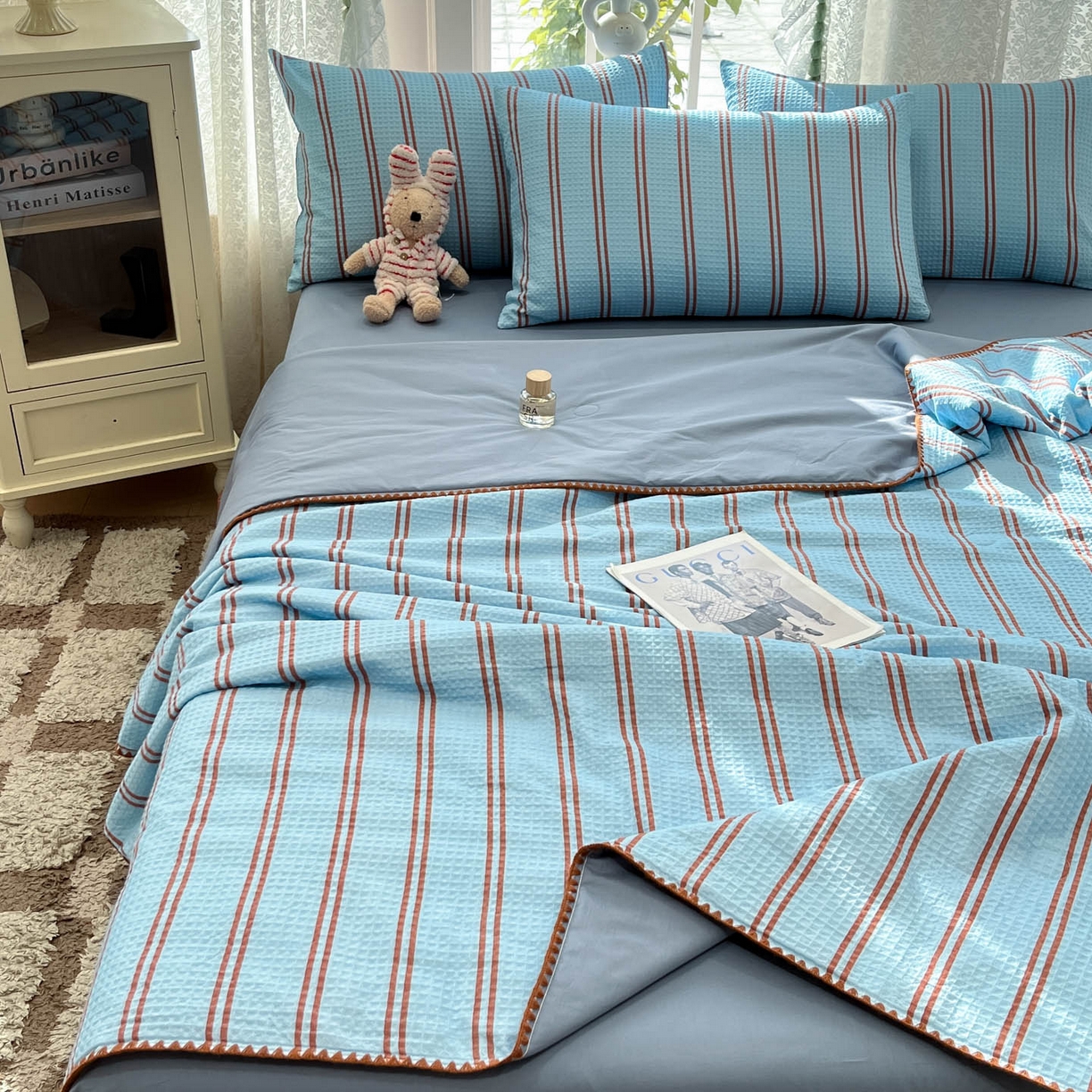 91家纺网 家纺一手货源 找家纺 一加一 2026春夏新款全棉立体华夫格数码印花大豆夏被四件套 风月蓝