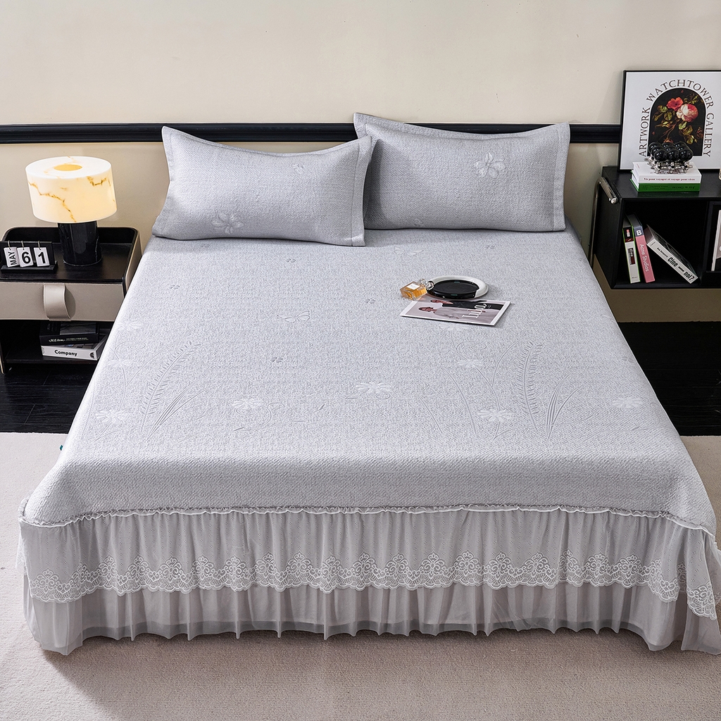 青雅席业 2026年新款A类提花工艺（提花双面）凉感豆豆席床裙款 床单款-雾里看花-灰