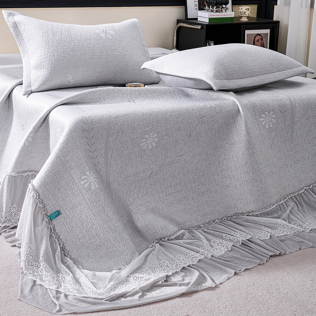 91家纺网 家纺一手货源 找家纺 青雅席业 2026年新款A类提花工艺（提花双面）凉感豆豆席床裙款 床单款-雾里看花-灰