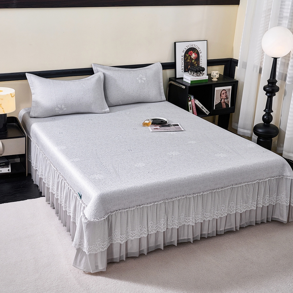 91家纺网 家纺一手货源 找家纺 青雅席业 2026年新款A类提花工艺（提花双面）凉感豆豆席床裙款 床单款-雾里看花-灰