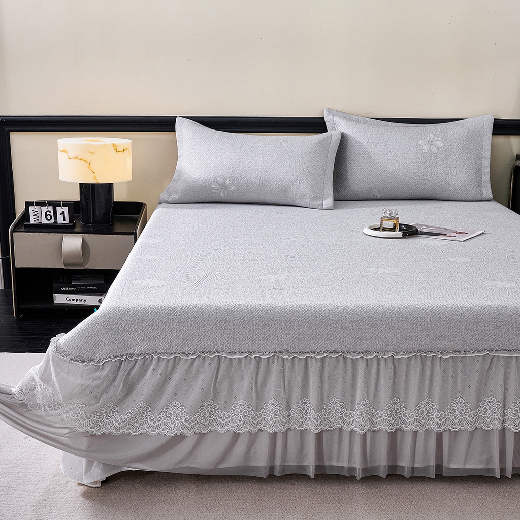 91家纺网 家纺一手货源 找家纺 青雅席业 2026年新款A类提花工艺（提花双面）凉感豆豆席床裙款 床单款-雾里看花-灰