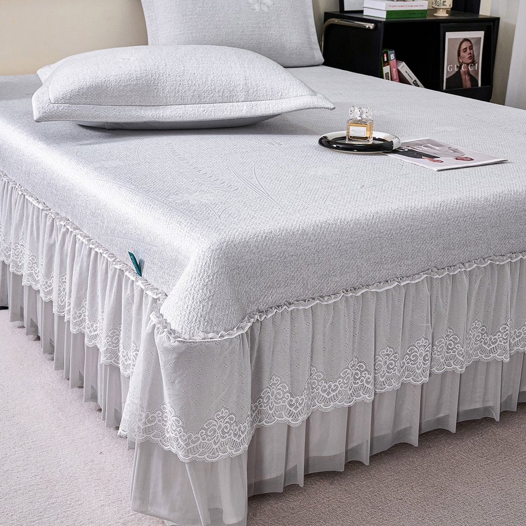 91家纺网 家纺一手货源 找家纺 青雅席业 2026年新款A类提花工艺（提花双面）凉感豆豆席床裙款 床单款-雾里看花-灰