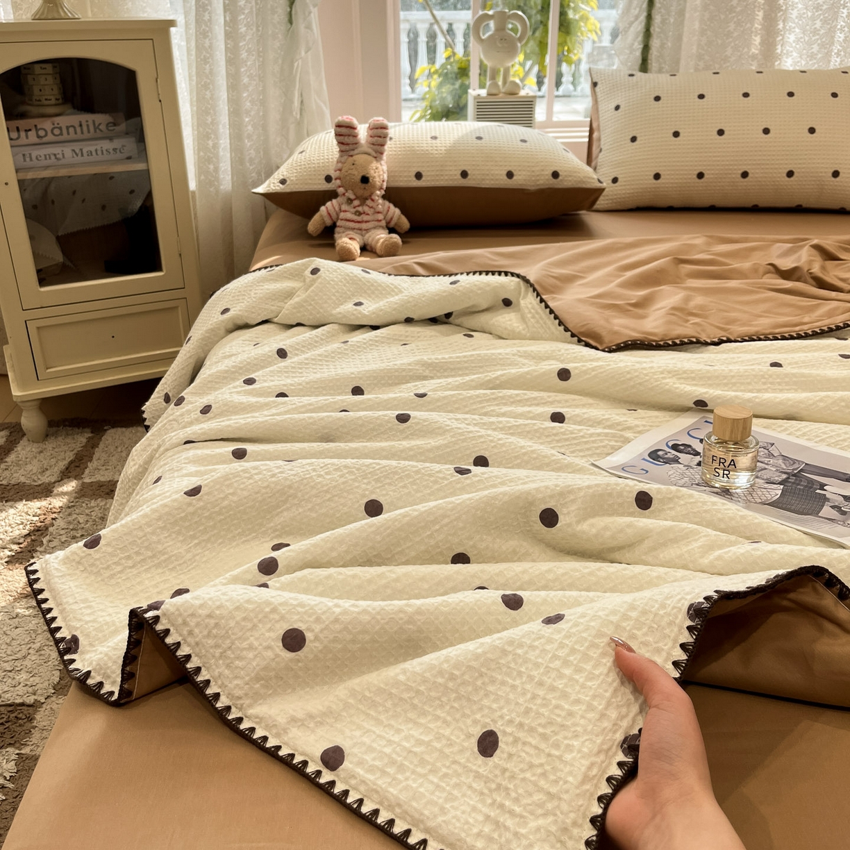 91家纺网 家纺一手货源 找家纺 一加一 2026春夏新款全棉立体华夫格数码印花大豆夏被四件套 卡布白