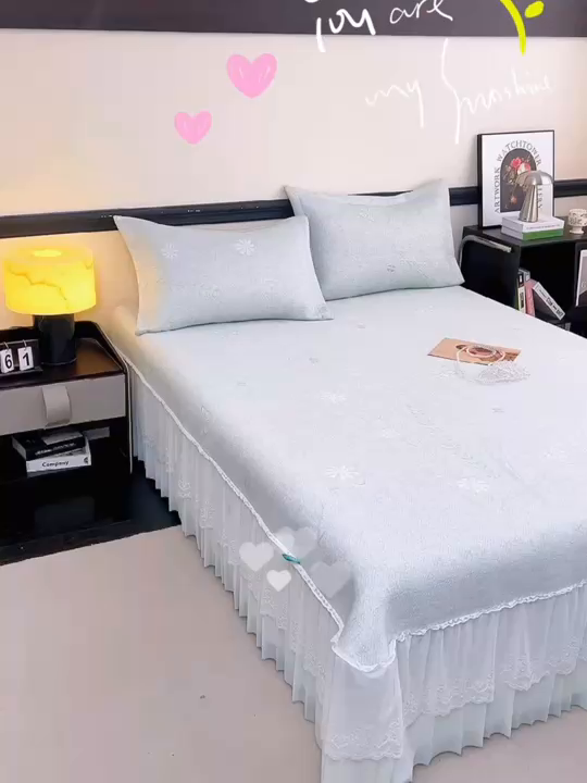 91家纺网 家纺一手货源 找家纺 青雅席业 2026年新款A类提花工艺（提花双面）凉感豆豆席床裙款 床单款-雾里看花-灰