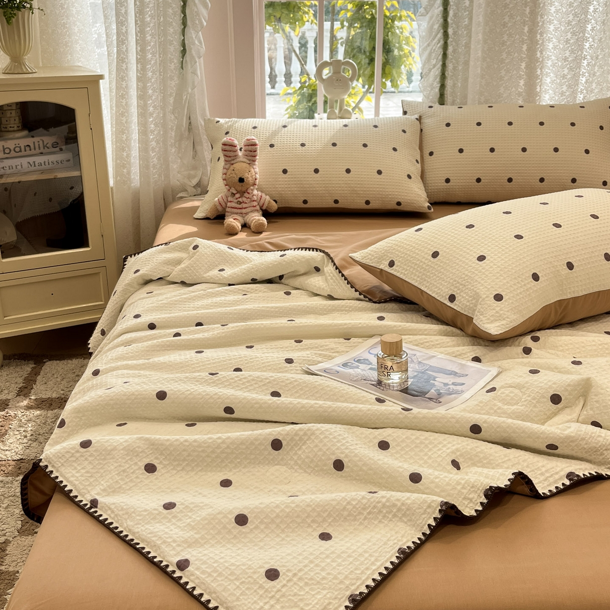 91家纺网 家纺一手货源 找家纺 一加一 2026春夏新款全棉立体华夫格数码印花大豆夏被四件套 卡布白