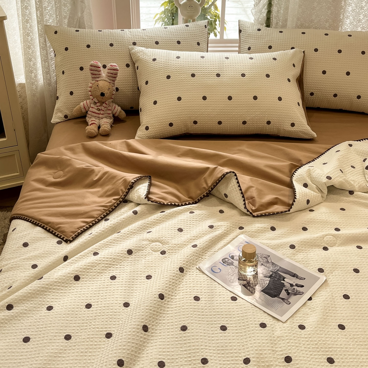 91家纺网 家纺一手货源 找家纺 一加一 2026春夏新款全棉立体华夫格数码印花大豆夏被四件套 卡布白