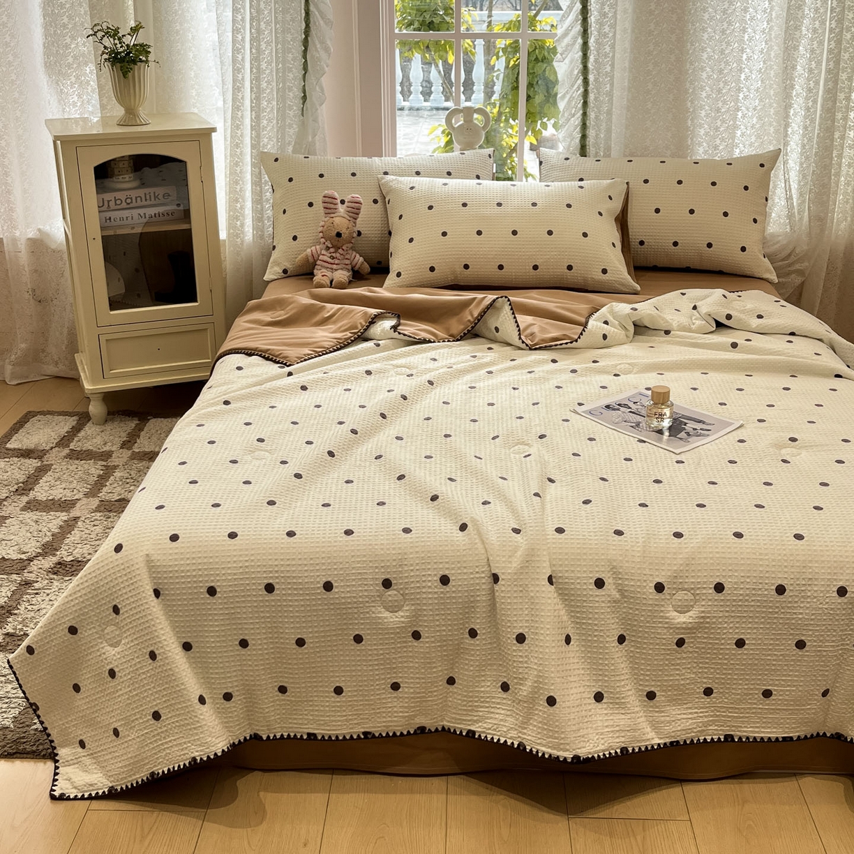 91家纺网 家纺一手货源 找家纺 一加一 2026春夏新款全棉立体华夫格数码印花大豆夏被四件套 卡布白