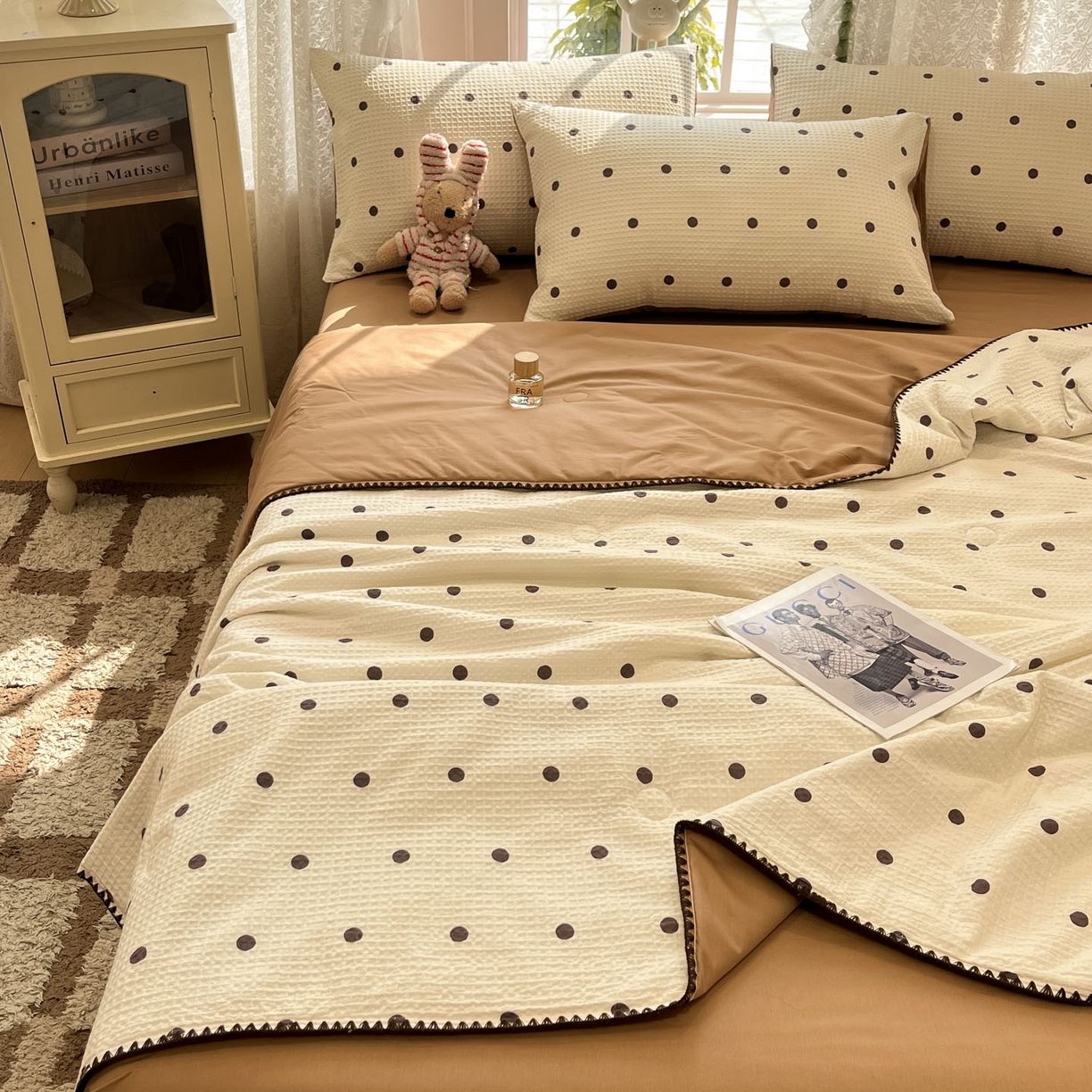 91家纺网 家纺一手货源 找家纺 一加一 2026春夏新款全棉立体华夫格数码印花大豆夏被四件套 卡布白