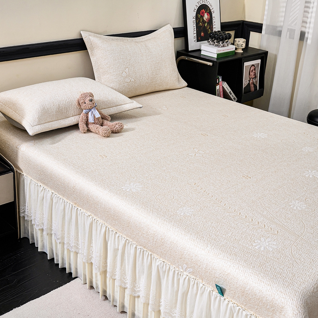 91家纺网 家纺一手货源 找家纺 青雅席业 2026年新款A类提花工艺（提花双面）凉感豆豆席床裙款 床单款-雾里看花-香槟