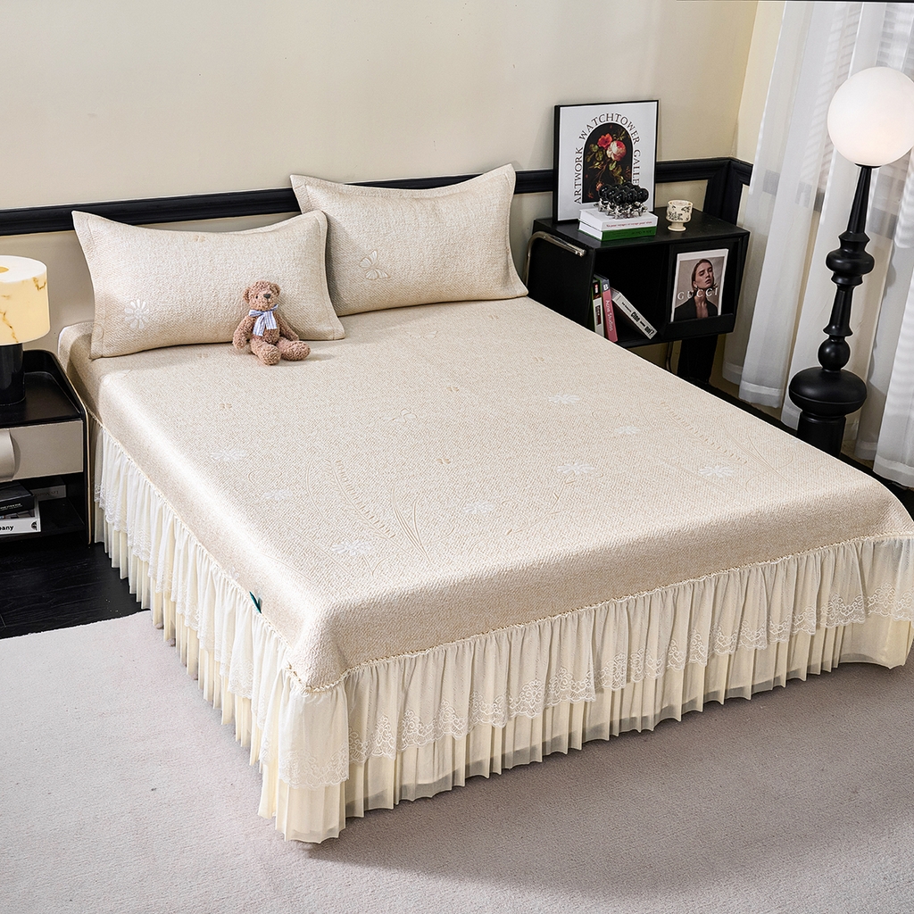 91家纺网 家纺一手货源 找家纺 青雅席业 2026年新款A类提花工艺（提花双面）凉感豆豆席床裙款 床单款-雾里看花-香槟