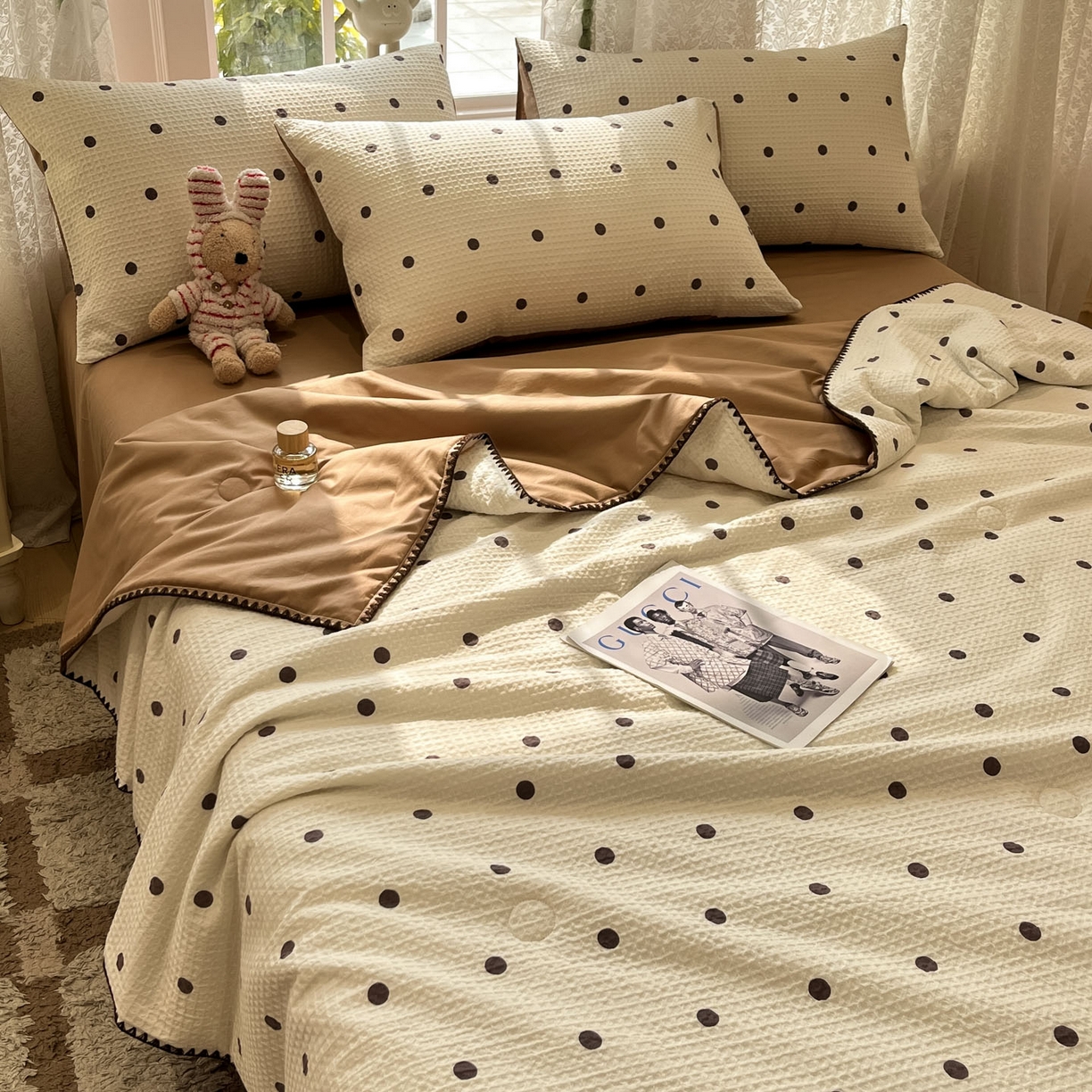 91家纺网 家纺一手货源 找家纺 一加一 2026春夏新款全棉立体华夫格数码印花大豆夏被四件套 卡布白