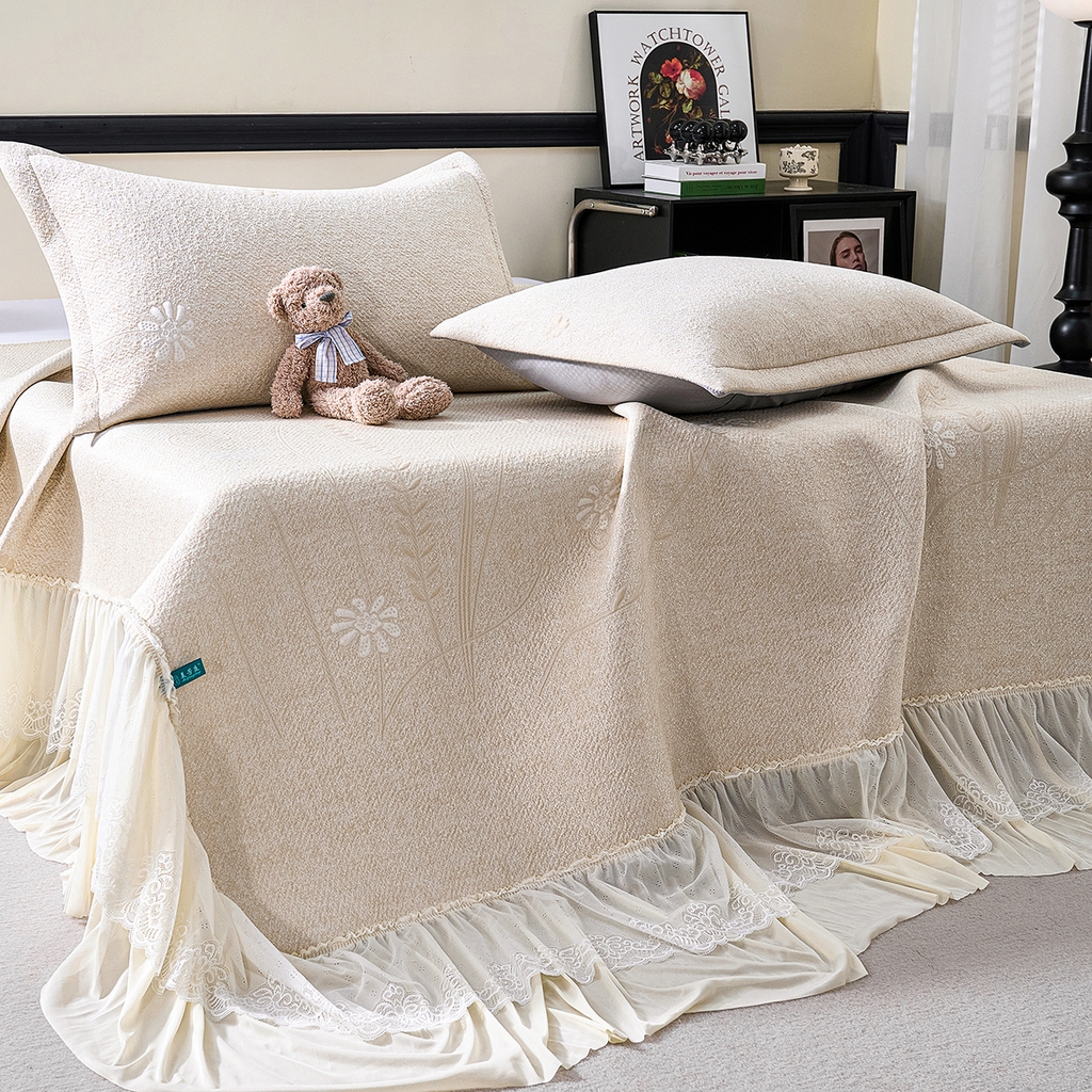 91家纺网 家纺一手货源 找家纺 青雅席业 2026年新款A类提花工艺（提花双面）凉感豆豆席床裙款 床单款-雾里看花-香槟