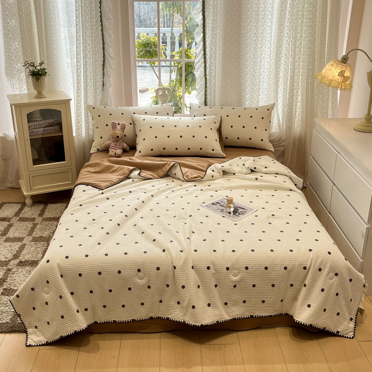 91家纺网 家纺一手货源 找家纺 一加一 2026春夏新款全棉立体华夫格数码印花大豆夏被四件套 卡布白