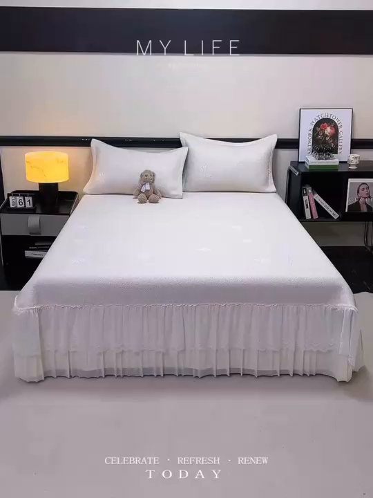 91家纺网 家纺一手货源 找家纺 青雅席业 2026年新款A类提花工艺（提花双面）凉感豆豆席床裙款 床单款-雾里看花-香槟