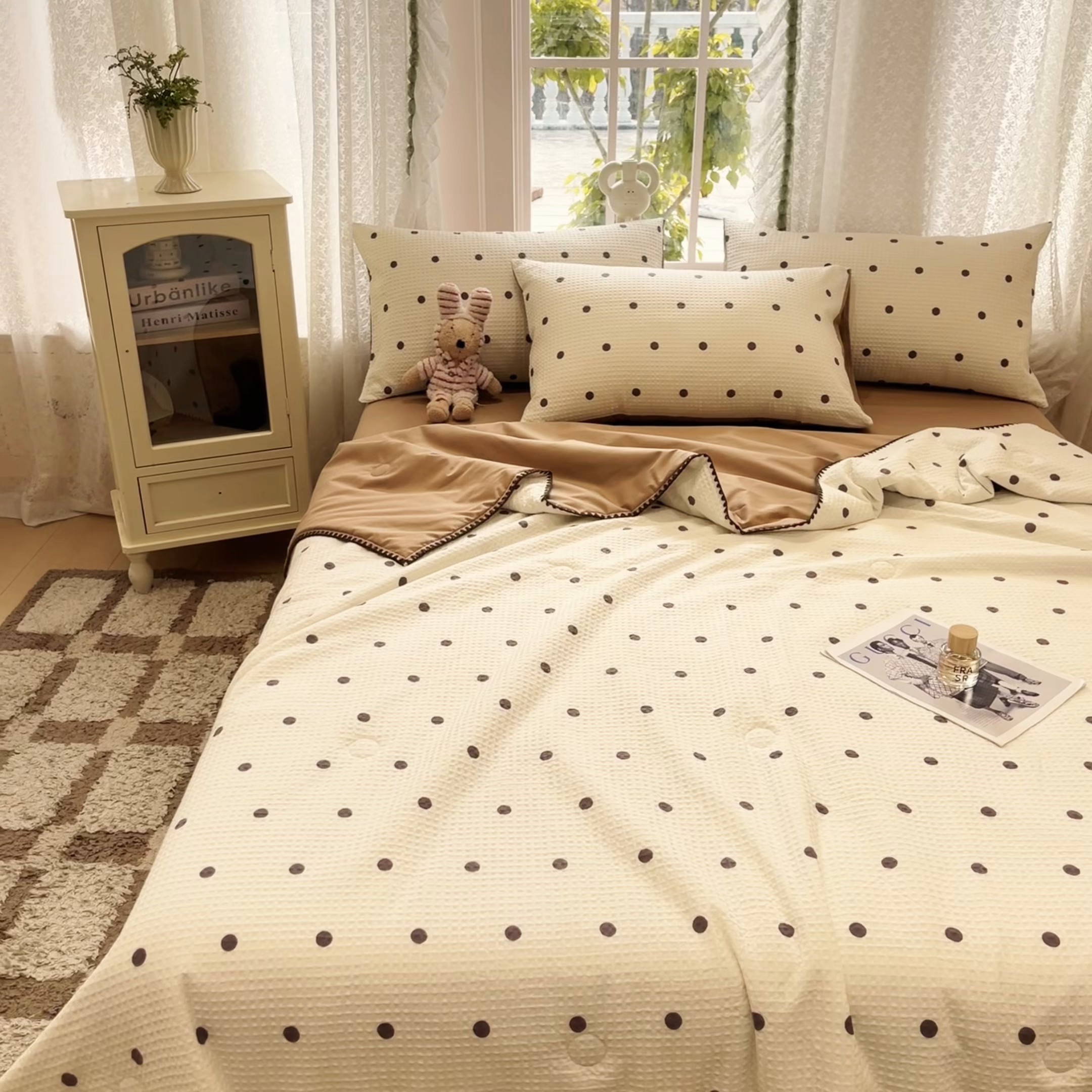 91家纺网 家纺一手货源 找家纺 一加一 2026春夏新款全棉立体华夫格数码印花大豆夏被四件套 卡布白