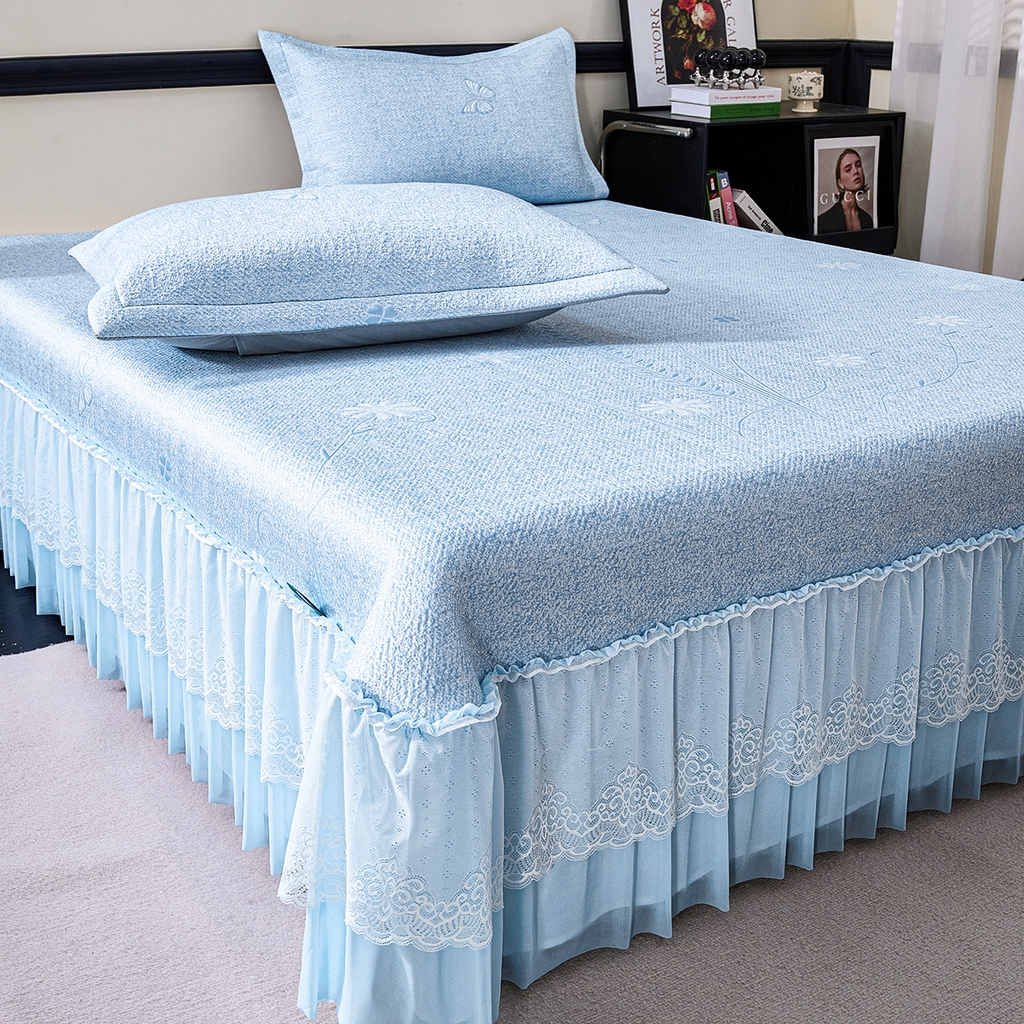 91家纺网 家纺一手货源 找家纺 青雅席业 2026年新款A类提花工艺（提花双面）凉感豆豆席床裙款 床单款-雾里看花-蓝