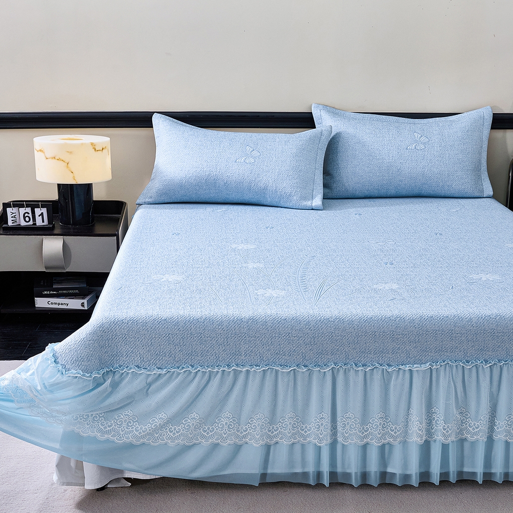 91家纺网 家纺一手货源 找家纺 青雅席业 2026年新款A类提花工艺（提花双面）凉感豆豆席床裙款 床单款-雾里看花-蓝