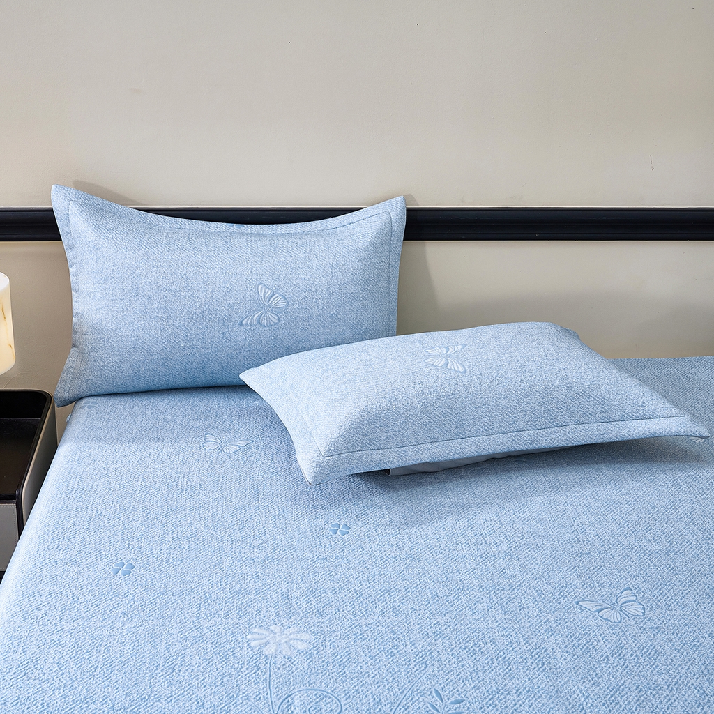 91家纺网 家纺一手货源 找家纺 青雅席业 2026年新款A类提花工艺（提花双面）凉感豆豆席床裙款 床单款-雾里看花-蓝