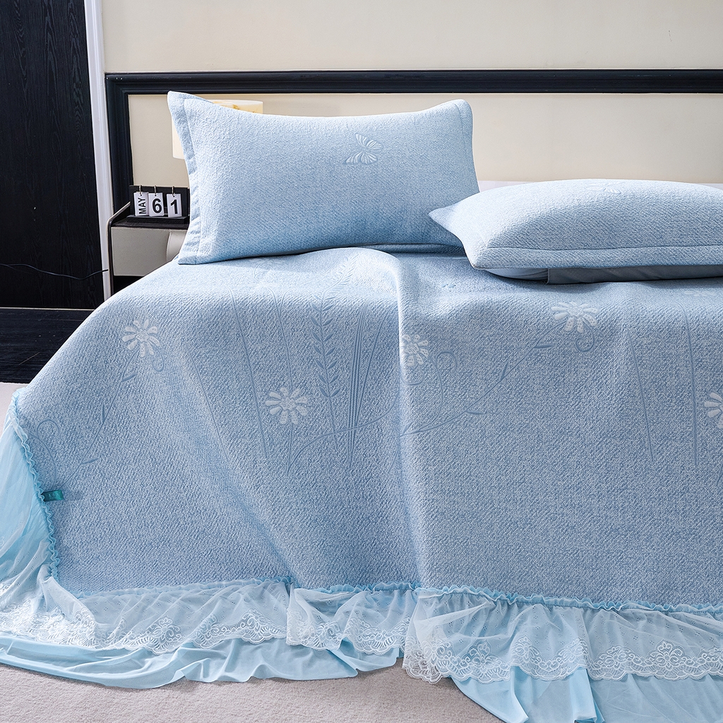 91家纺网 家纺一手货源 找家纺 青雅席业 2026年新款A类提花工艺（提花双面）凉感豆豆席床裙款 床单款-雾里看花-蓝