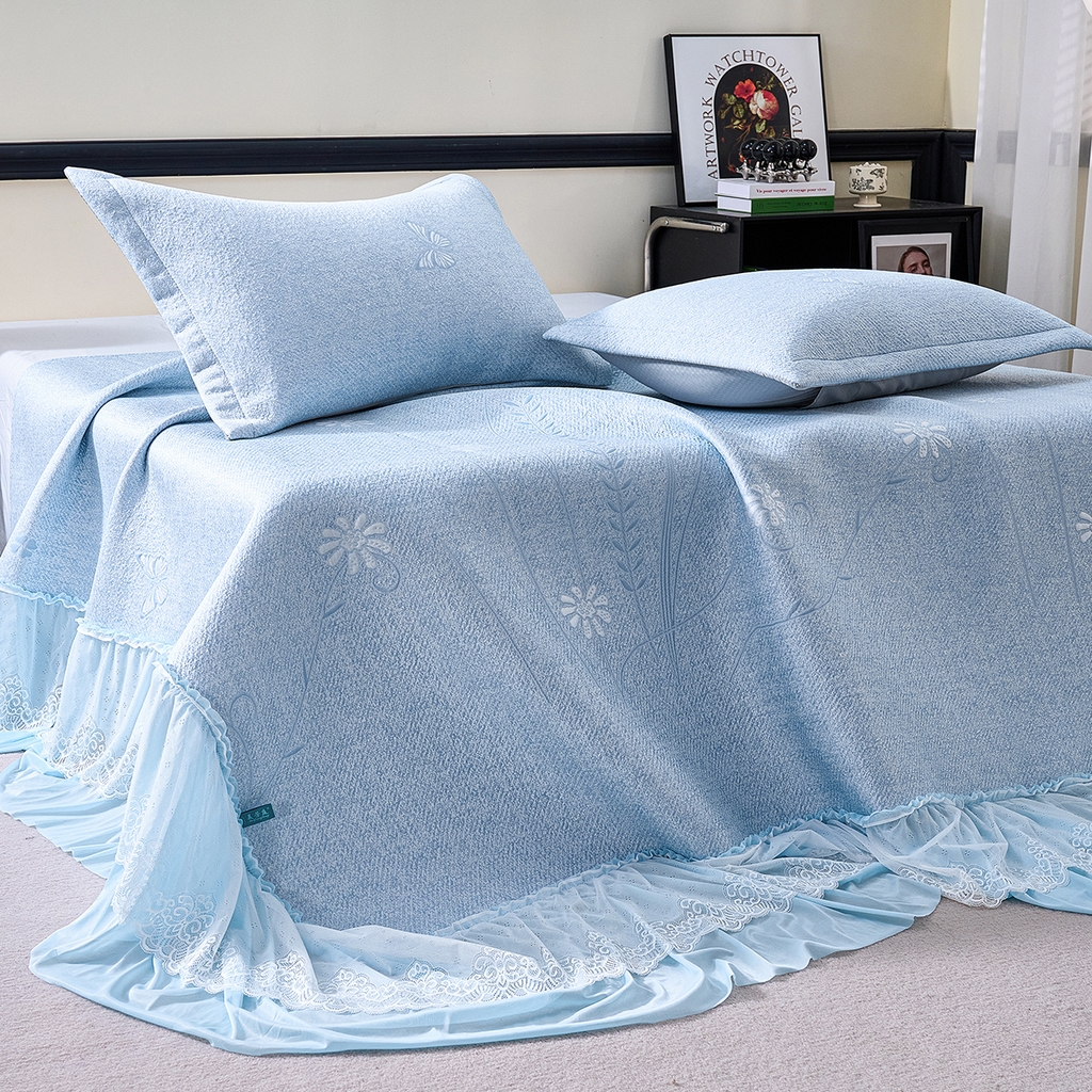 91家纺网 家纺一手货源 找家纺 青雅席业 2026年新款A类提花工艺（提花双面）凉感豆豆席床裙款 床单款-雾里看花-蓝