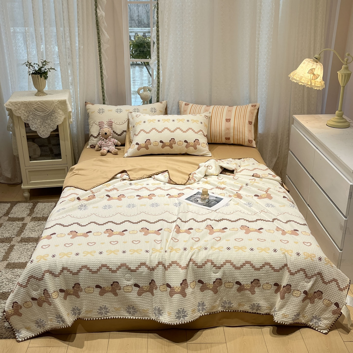 91家纺网 家纺一手货源 找家纺 一加一 2026春夏新款全棉立体华夫格数码印花大豆夏被四件套 星语星愿