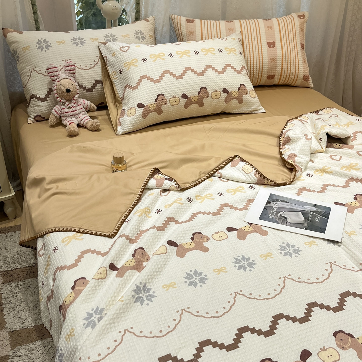 91家纺网 家纺一手货源 找家纺 一加一 2026春夏新款全棉立体华夫格数码印花大豆夏被四件套 星语星愿