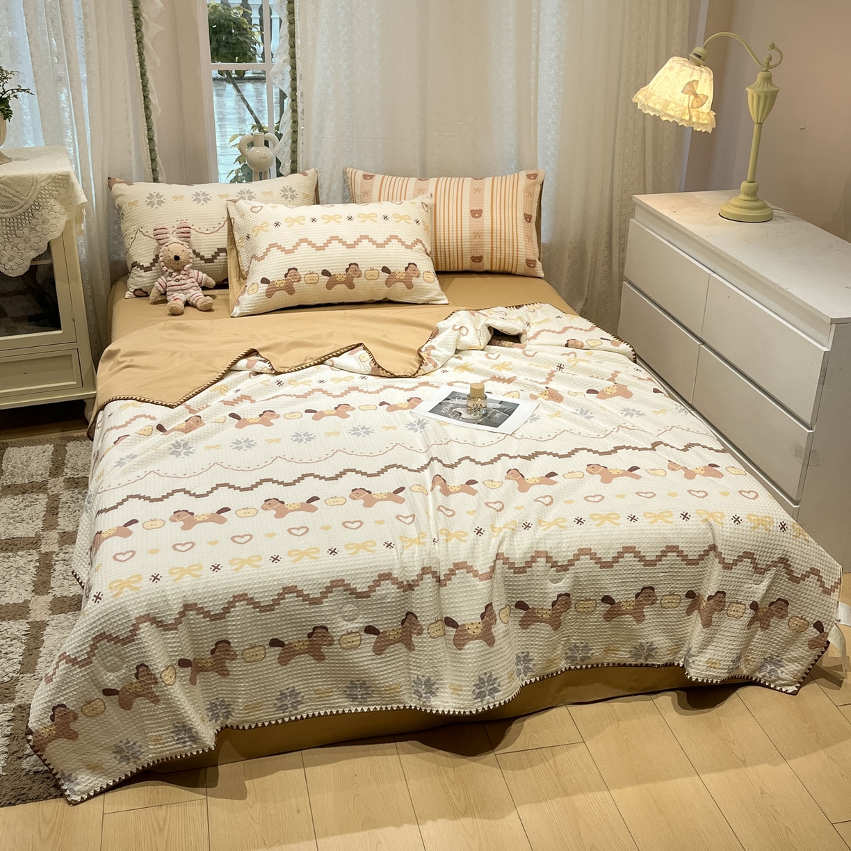 91家纺网 家纺一手货源 找家纺 一加一 2026春夏新款全棉立体华夫格数码印花大豆夏被四件套 星语星愿