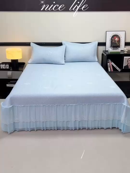 91家纺网 家纺一手货源 找家纺 青雅席业 2026年新款A类提花工艺（提花双面）凉感豆豆席床裙款 床单款-雾里看花-蓝