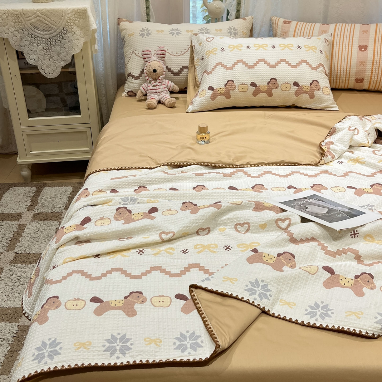 91家纺网 家纺一手货源 找家纺 一加一 2026春夏新款全棉立体华夫格数码印花大豆夏被四件套 星语星愿