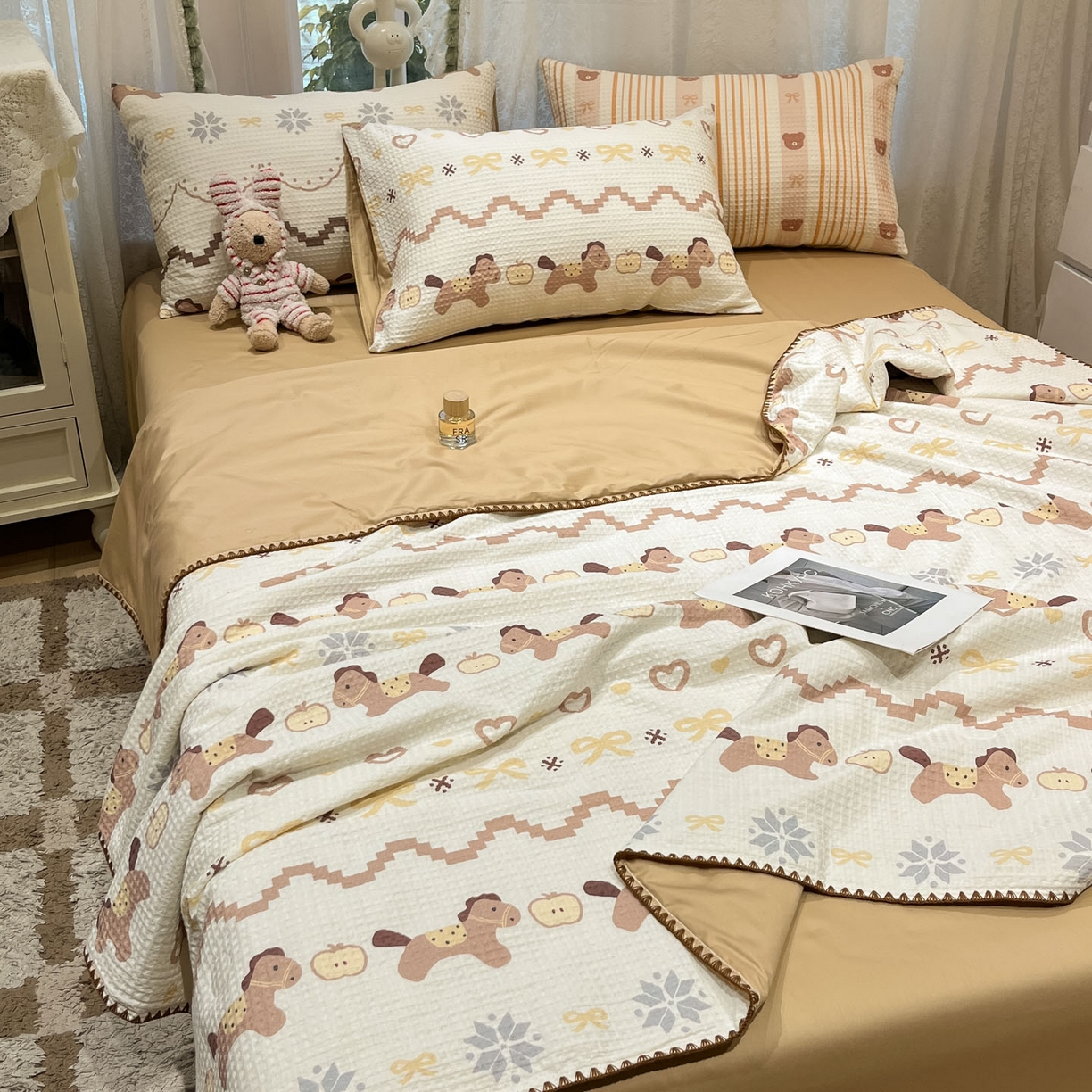 91家纺网 家纺一手货源 找家纺 一加一 2026春夏新款全棉立体华夫格数码印花大豆夏被四件套 星语星愿