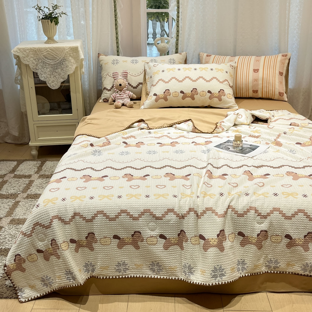 91家纺网 家纺一手货源 找家纺 一加一 2026春夏新款全棉立体华夫格数码印花大豆夏被四件套 星语星愿