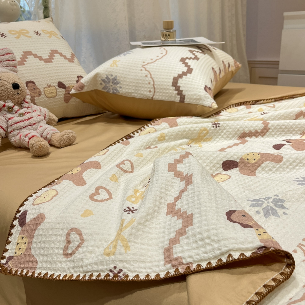 91家纺网 家纺一手货源 找家纺 一加一 2026春夏新款全棉立体华夫格数码印花大豆夏被四件套 星语星愿