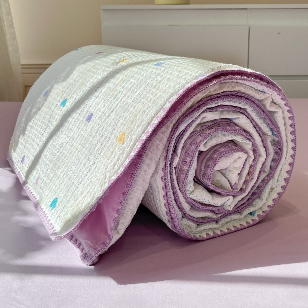 91家纺网 家纺一手货源 找家纺 一加一 2026春夏新款全棉立体华夫格数码印花大豆夏被四件套 伊柠