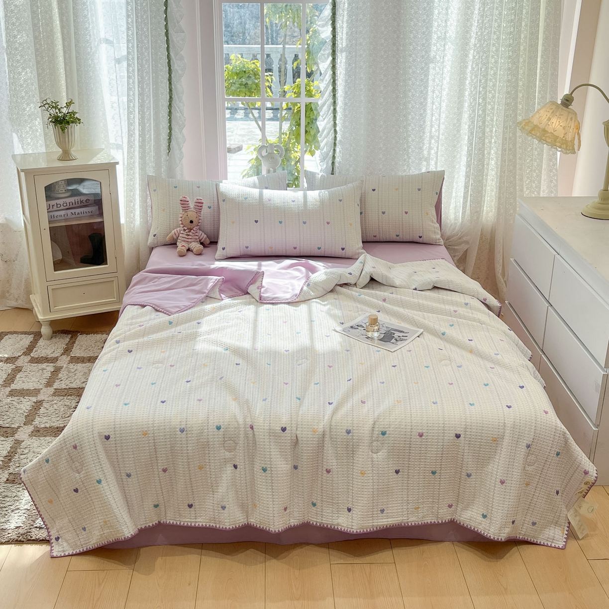 91家纺网 家纺一手货源 找家纺 一加一 2026春夏新款全棉立体华夫格数码印花大豆夏被四件套 伊柠