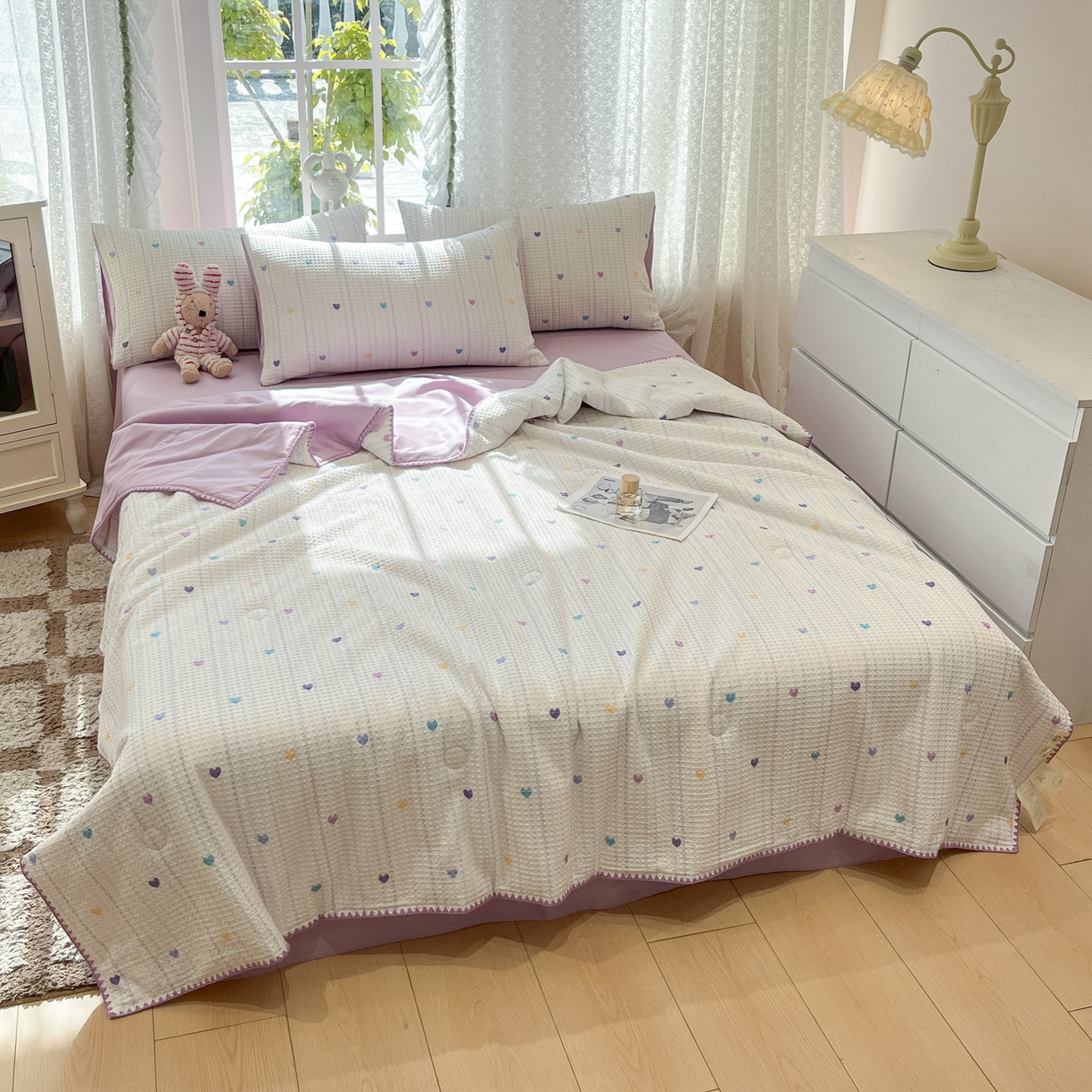 91家纺网 家纺一手货源 找家纺 一加一 2026春夏新款全棉立体华夫格数码印花大豆夏被四件套 伊柠