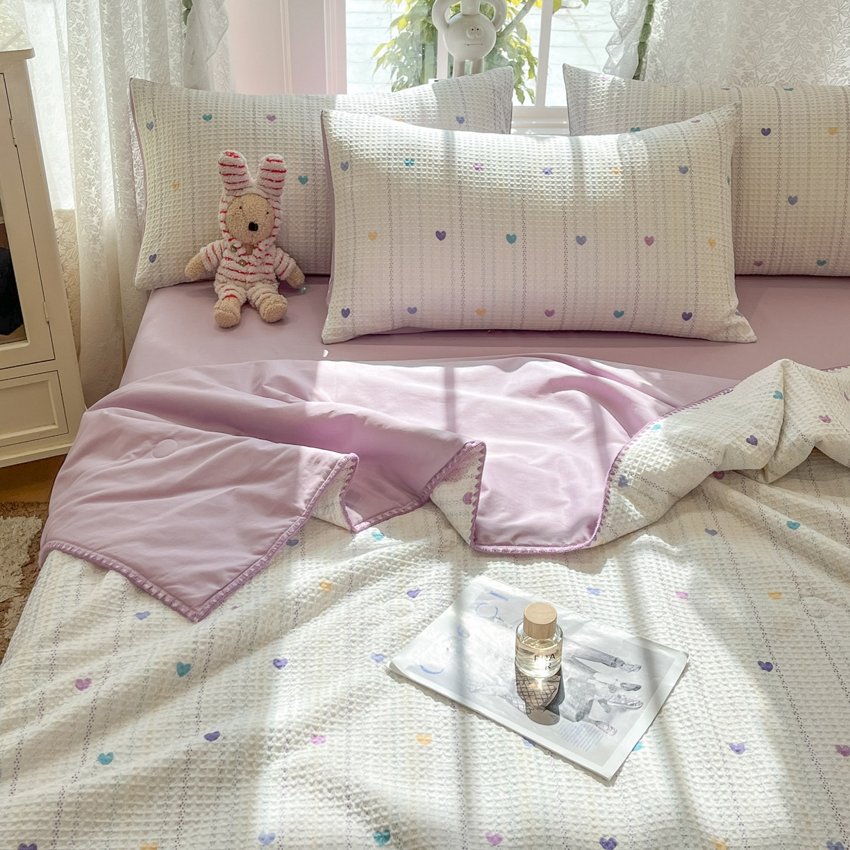 91家纺网 家纺一手货源 找家纺 一加一 2026春夏新款全棉立体华夫格数码印花大豆夏被四件套 伊柠