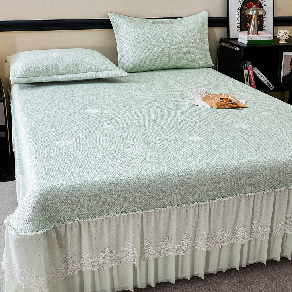 91家纺网 家纺一手货源 找家纺 青雅席业 2026年新款A类提花工艺（提花双面）凉感豆豆席床裙款 床单款-雾里看花-绿
