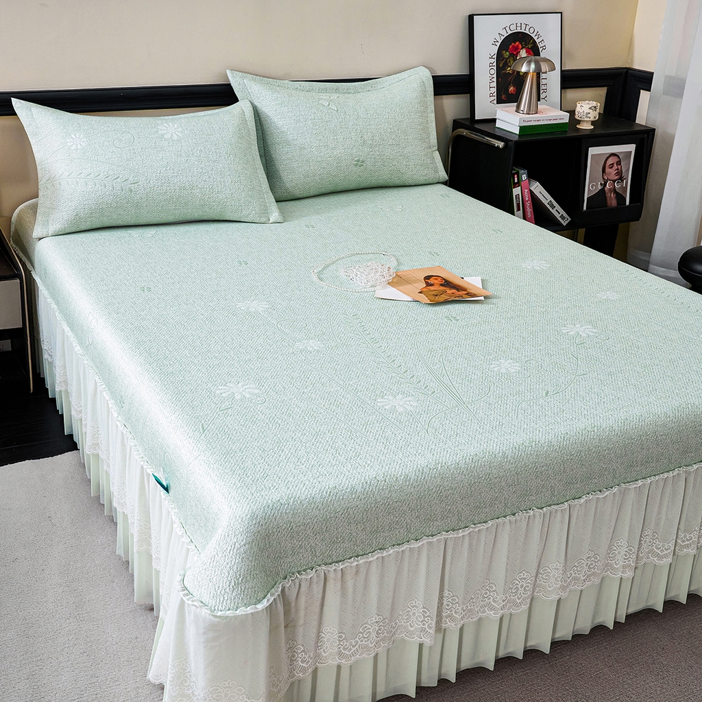 91家纺网 家纺一手货源 找家纺 青雅席业 2026年新款A类提花工艺（提花双面）凉感豆豆席床裙款 床单款-雾里看花-绿