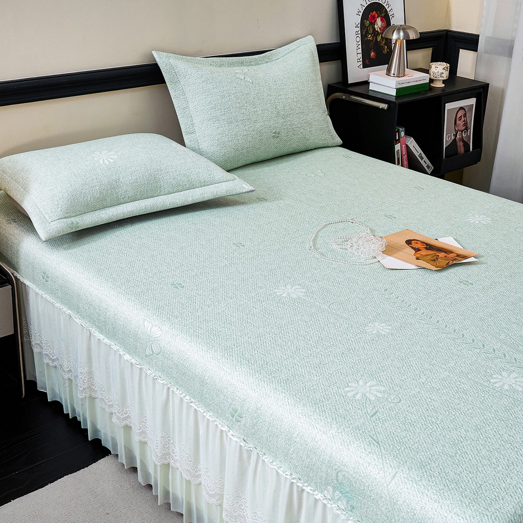 91家纺网 家纺一手货源 找家纺 青雅席业 2026年新款A类提花工艺（提花双面）凉感豆豆席床裙款 床单款-雾里看花-绿