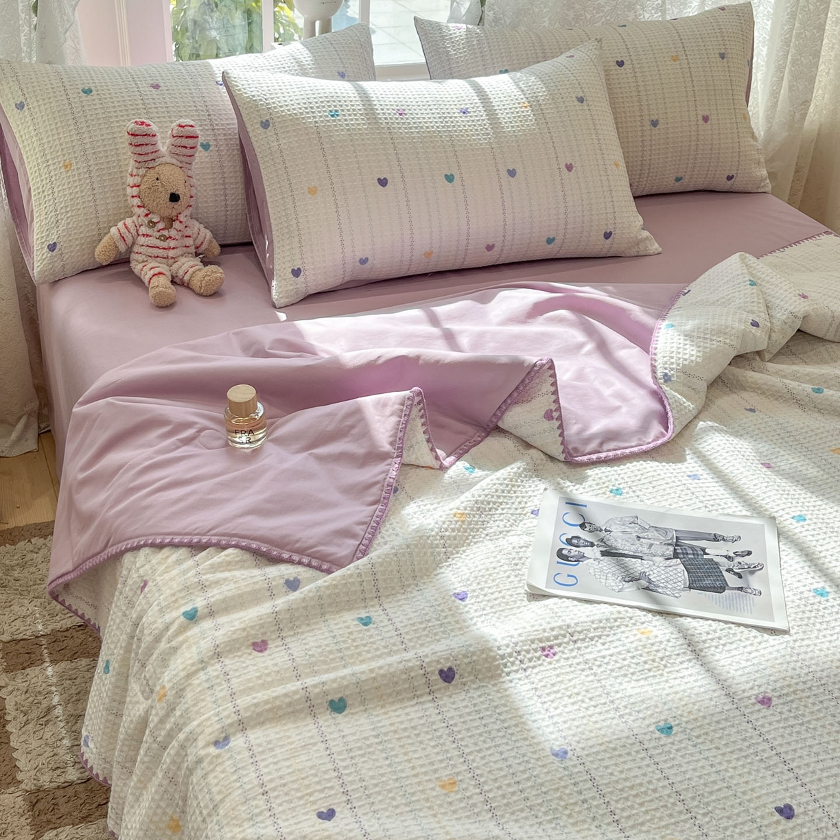 91家纺网 家纺一手货源 找家纺 一加一 2026春夏新款全棉立体华夫格数码印花大豆夏被四件套 伊柠